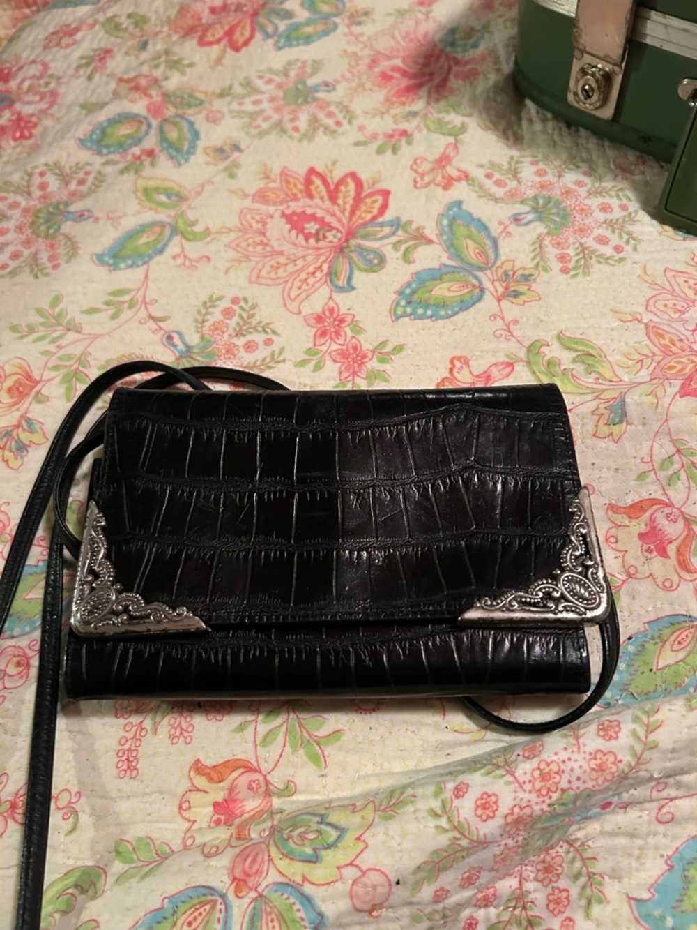 Brighton Black Croc-Embossed Crossbody with Silver Corner Accents